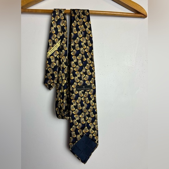Ermenegildo Zegna Men 100% Silk Designer Blue and Gold Patterned Tie 60” Long - Picture 7 of 16
